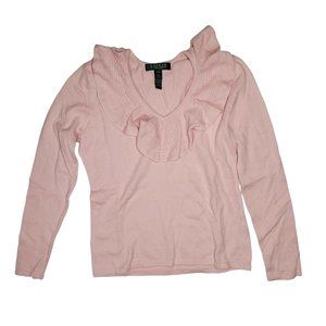 LRL Lauren Ralph Lauren L/S Ribbed Top Petite Ruffle Cowlneck Soft Pink VTG Y2K